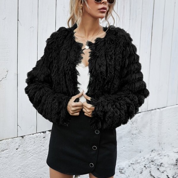 Taupe Open Front Fuzzy Vegan Fur Jacket Coat Party - Picture 4 of 8